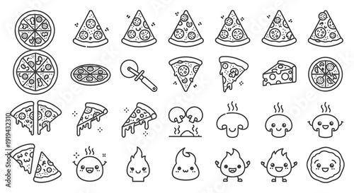 Collection of black and white pizza slices whole pizzas and related food icons