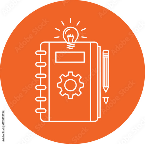 Creative notebook with lightbulb and gear icon representing engineering ideas and technical documentation