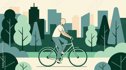 Urban cyclist riding a bicycle through a green city park with buildings