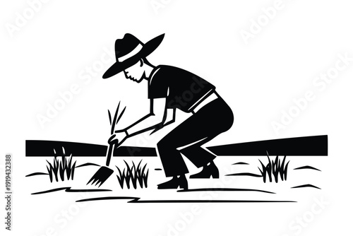 Rural farming tools silhouette Black and white silhouette of person planting in garden with wide brim hat and trowel