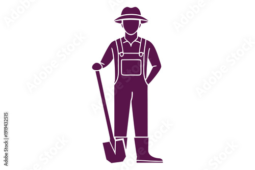 Silhouette of a farmer holding a shovel in overalls and hat maroon and light gray outline rural farming tools silhouette
