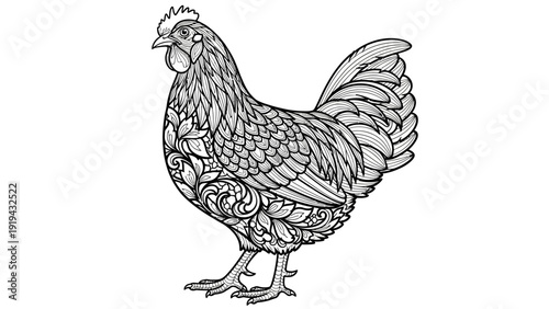 Intricate Hen Illustration: Detailed Line Art, Floral Patterns, Farm Animal Art