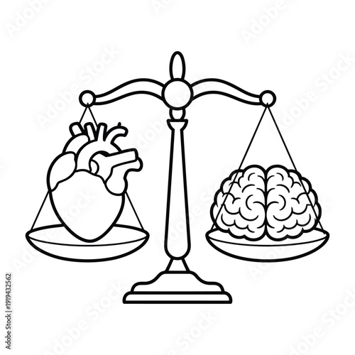 Illustration of a balance scale comparing a human heart with a human brain on white background