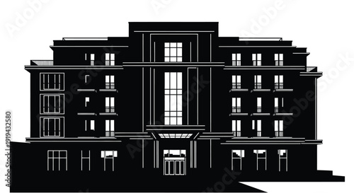 Stylized black and white facade illustration of a grand symmetrical art deco apartment building entrance