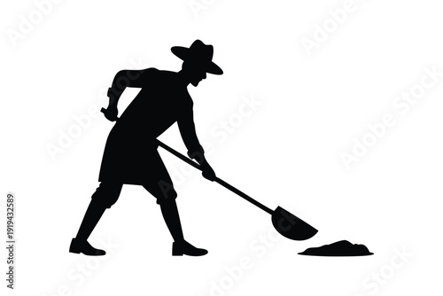 Silhouette of a person shoveling dirt wearing a wide brimmed hat rural farming tools silhouette black