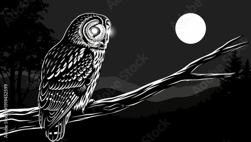 Billede på lærred Majestic Owl Perched on Branch Under Full Moon, Night Scene
