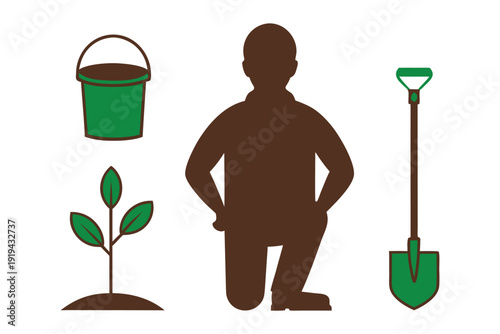 Silhouette of person kneeling with green gardening tools shovel bucket and sapling rural farming tools silhouette