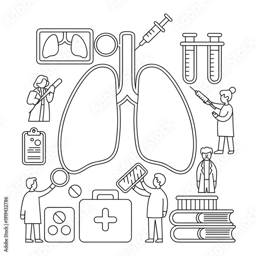 Medical illustration depicting lungs surrounded by healthcare professionals research tools and supplies