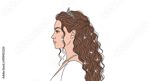 A woman's elegant profile is shown, adorned with a sparkling tiara, pearl necklace, earrings, and long wavy brown hair.