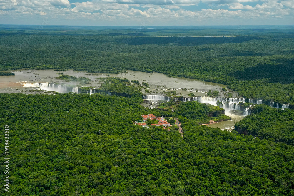 Fototapeta premium Aerial view Iguazu falls waterfalls Scenic destination panorama from helicopter tour