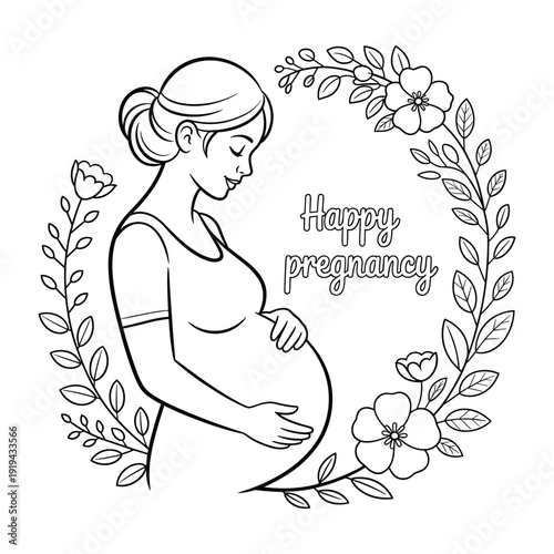 Stylized illustration of a happy pregnant woman holding her belly surrounded by a floral wreath and text