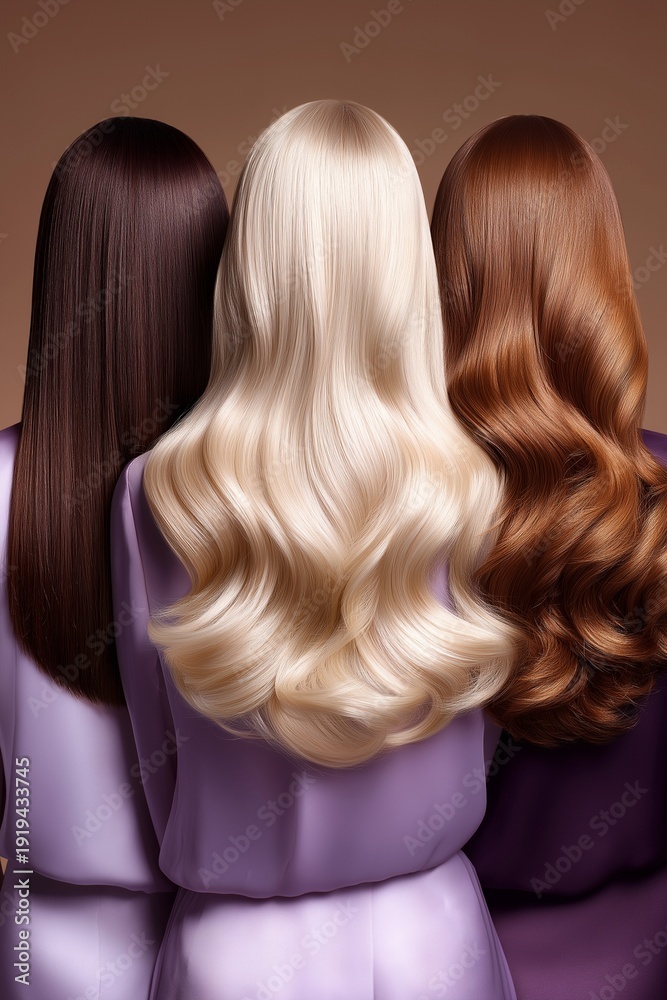Naklejka premium Drei Frauen von hinten mit verschiedenen Haarfarben – dunkel, blond und rotbraun – in Seidenstoffen
