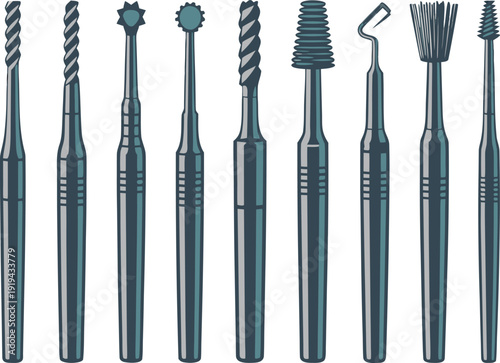 Set of various drill bits vector isolated on transparent bg
