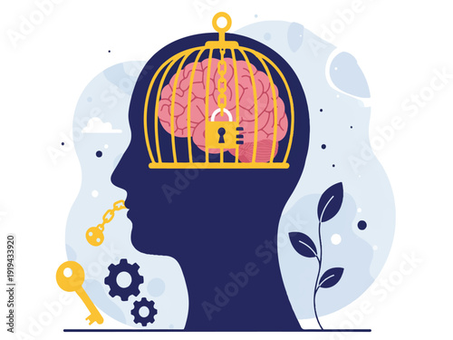 A mans head with a birdcage over the brain and a lock on it surrounded by a key and gears  mental health concept