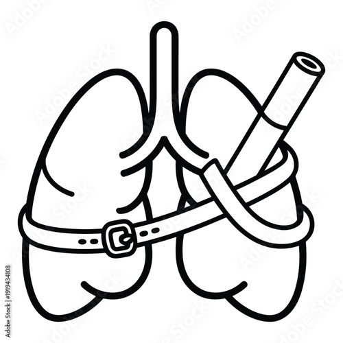 Symbolic representation of lungs restricted by a belt and a pipe signifying respiratory health and breathing limitations