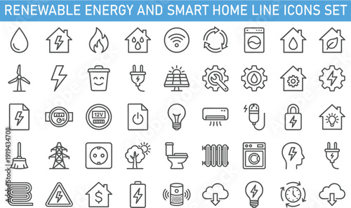 Renewable Energy and Smart Home Line Icons Set, Electricity Power Eco Technology Vector Outline Collection
