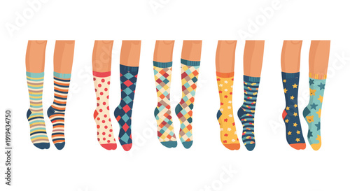 Six pairs of human lower legs and feet are neatly displayed in a horizontal row, each wearing a vibrantly patterned ankle or crew sock on a white background.
