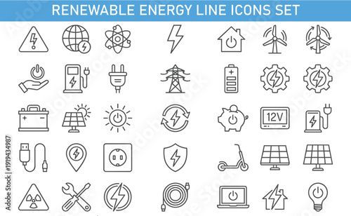 Renewable Energy Line Icons Set, Solar Power Electric Vehicle Charging Battery Wind Turbine Sustainable Technology Vector Collection