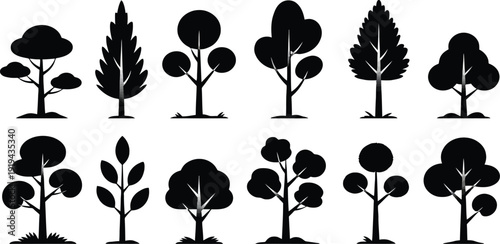 Diverse Tree Silhouettes: An array of tree silhouettes, perfect for nature-themed projects, capturing various tree forms.