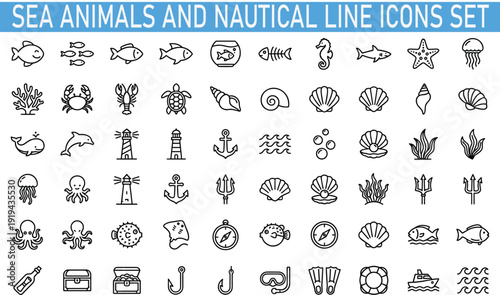 Sea animals and nautical line icons set, marine life fish shells anchors corals, ocean symbols, underwater outline vector collection