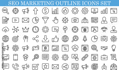 SEO marketing outline icons set, digital analytics business growth social media strategy web interface symbols collection