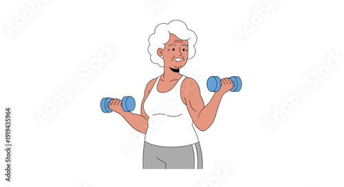 An elderly woman with white curly hair and a cheerful expression is standing and lifting blue dumbbells for arm exercise.