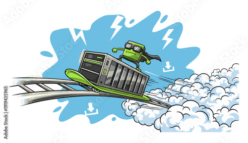 Superhero computer server speeding through clouds with lightning bolts