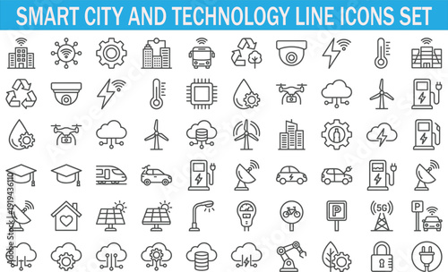 Smart city and technology line icons set, IoT network, renewable energy, electric transport, digital infrastructure, outline vector collection