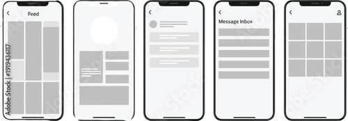 Mobile app UI UX design mockup smartphones, feed profile messages inbox gallery screens, modern interface layouts, prototype wireframe user experience