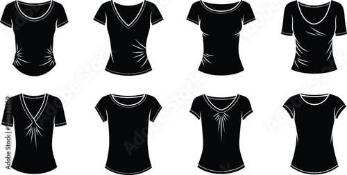 Variety of black t shirts with necklaces on white background
