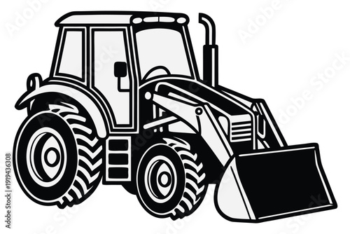 Rural farming tools silhouette Black and white line of a front loader tractor with large tires and a bucket attachment