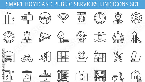 Smart home and public services line icons set, security safety lifestyle technology vector illustration isolated on white background
