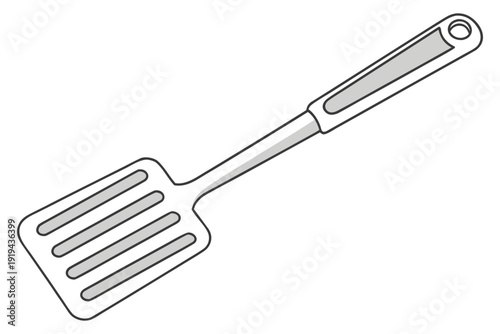 Rural farming tools silhouette Black and white line of a kitchen spatula with a slotted head and a long handle