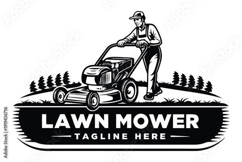 Rural farming tools silhouette Black and white of a man mowing lawn with a vintage lawn mower tagline banner
