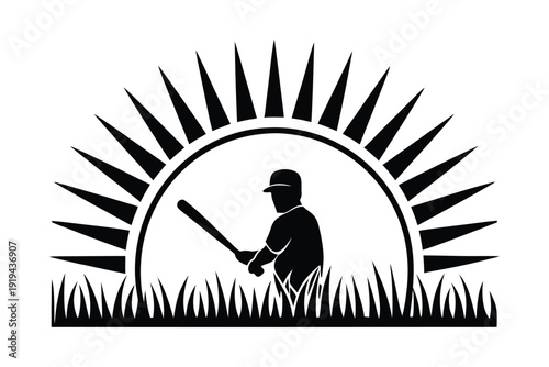 Rural farming tools silhouette Black and white silhouette of a baseball player swinging a bat with a sunburst background and grass