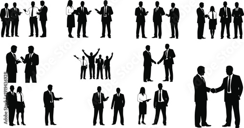 Black silhouettes of business people standing and interacting white