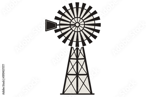 Rural farming tools silhouette Black and white windmill silhouette with lattice tower and eight blade rotor