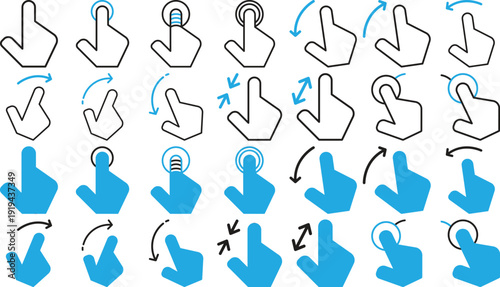 Touch gestures line and solid icon collection. Includes tap, double tap, long press, swipe, scroll, zoom, drag, and rotate symbols. Created in outlined and filled style with black and blue