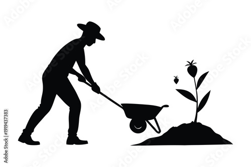 Silhouette of a person using a wheelbarrow in a garden with a young strawberry plant rural farming tools silhouette