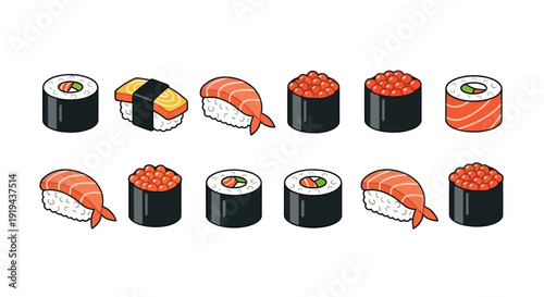 Sushi variety on white background