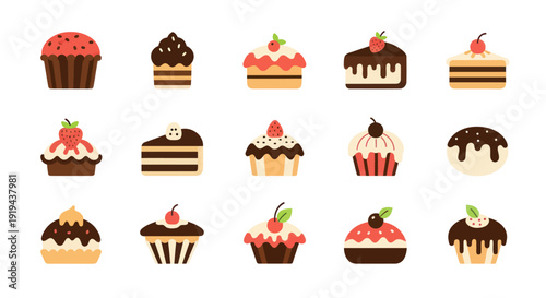Variety of decorated cupcakes illustration
