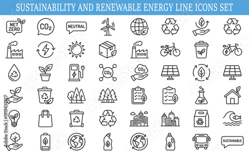 Sustainability and renewable energy line icons set, eco friendly environment recycling carbon neutral vector illustration isolated on white background