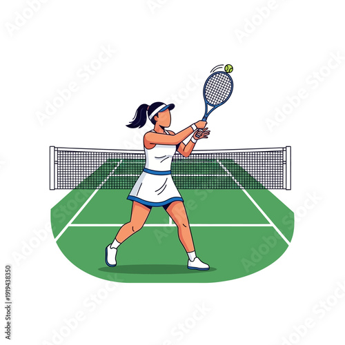 Woman playing tennis on a green court, hitting the ball with a racket