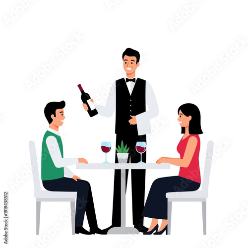 Waiter serving wine to a couple at a restaurant table, romantic dinner date