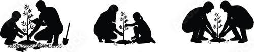 Silhouettes of people planting trees, adults and children teamwork, environmental care, gardening illustration, sustainability concept, nature conservation, eco-friendly artwork