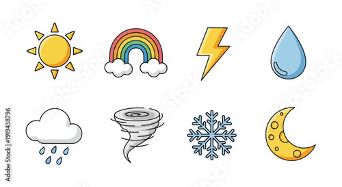 Weather icons sun rainbow and storm elements