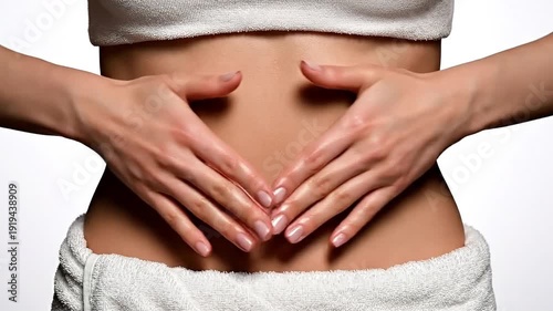 A close-up of a person's midsection against a white background. The person is using their hands to gently massage and rub their abdomen, moving them across the stomach area in a soothing.