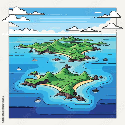 Island archipelago with green hills, sandy beaches and boats sailing on blue sea