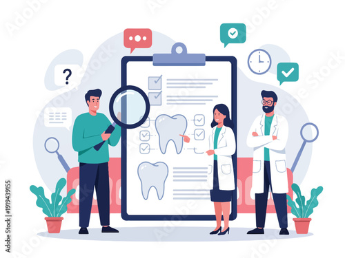 Dentists and patient discussing dental health with clipboard and magnifying glass  dental care and medical consultation