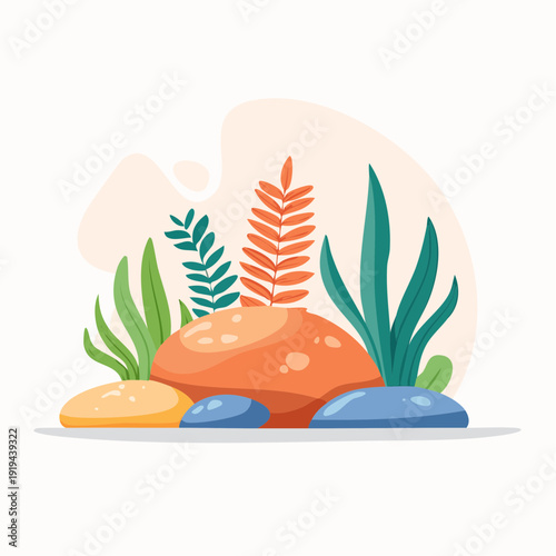 Illustration of large orange rocks with small clouds in the background